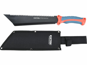 bozótvágó kés (machete), teljes/penge hossz: 395/260mm, fogazott rozsdamentes acél penge, PP+TPR nyél, nylon tok