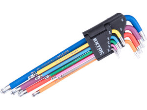 Torx kulcs klt., 9db, több színű, extra hosszú, T10-T50, hosszú szár: tömör/gömbfej, rövid szár: lyukas, S2, krómozott