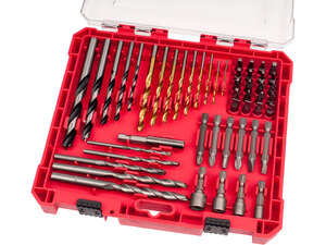 Behajtó és fúró klt. 50 db Cr.V., lapos, PH, PZ, HEX, T és TTa illetve fa-, fém- és betonfúrók, műanyag tartóban