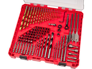 Behajtó és fúró klt. 100 db Cr.V., lapos, PH, PZ, HEX, T és TTa illetve fa-, fém- és betonfúrók, műanyag tartóban