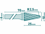 Keményfém turbómaró (rotormaró), kúpos, kerek orrú, átmérő 10×25mm/szár 6mm, keresztfogazás