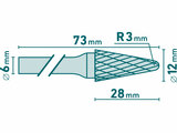 Keményfém turbómaró (rotormaró), kúpos, kerek orrú, átmérő 12×28mm/szár 6mm, keresztfogazás
