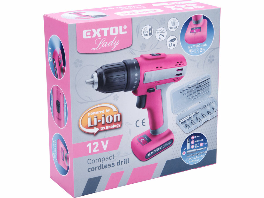 Akkus fúrócsavarozó, 12V, Li-ion, Extol Lady, beépített 1500 mAh akku