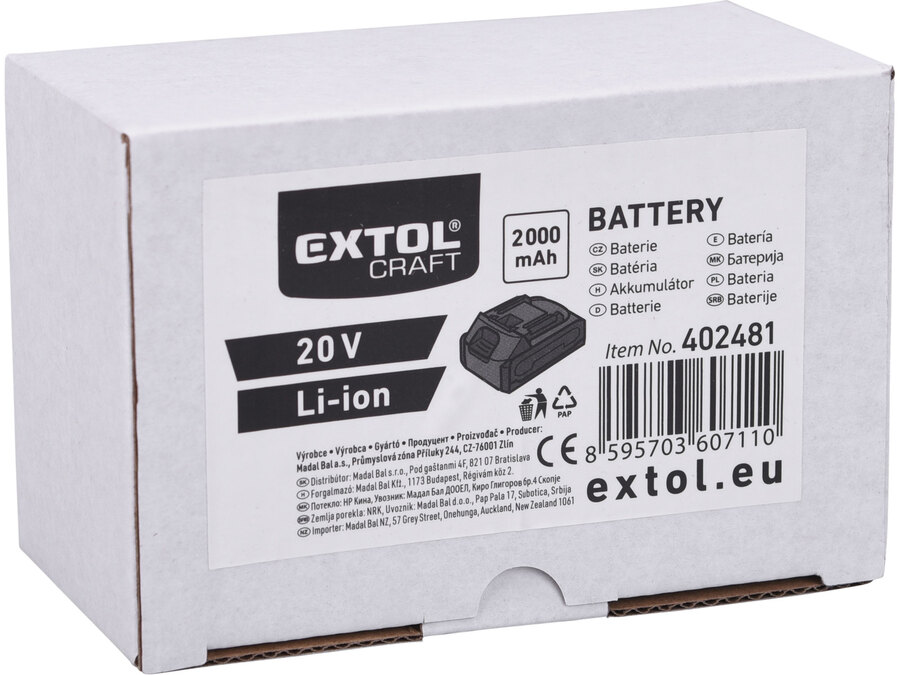 Tartalék akku, 20V Li-ion, 2Ah, Power Share, EXTOL CRAFT