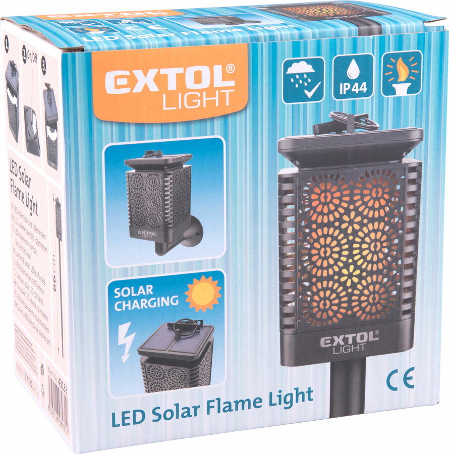 Éjszakai, kerti LED lámpa, láng hatású, napelem+szenzor, Ni-Mh akku, 600mAh, leszúrható+falra szerelhető, 66cm, IP44
