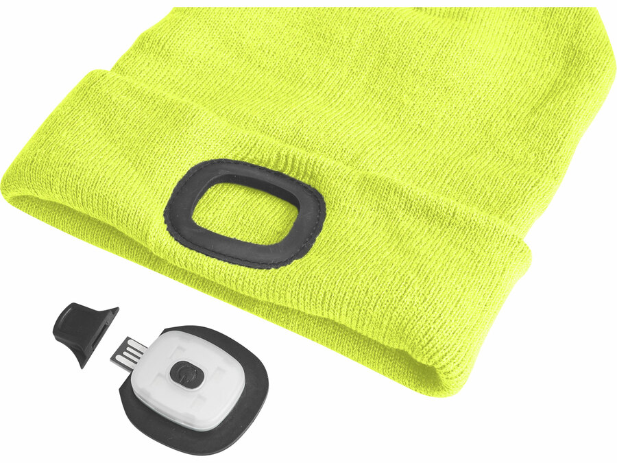 Sapka homloklámpával 45lm, tölthető, USB, fluoreszkáló sárga, univerzális méret