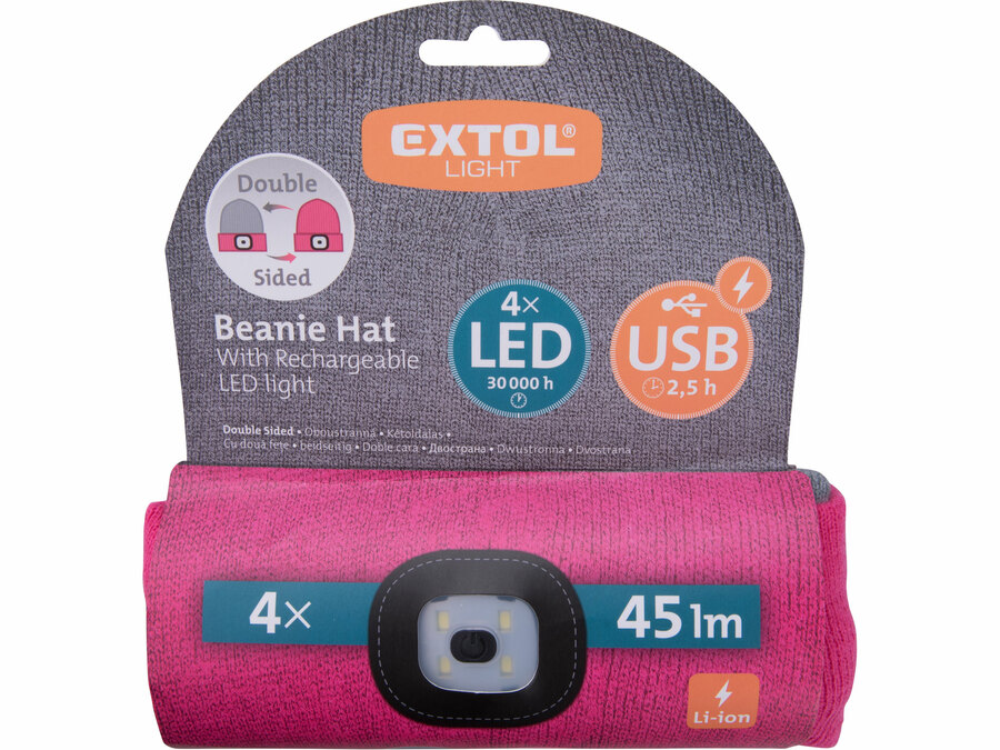 Sapka, szürke/pink, kötött, kivehető LED homloklámpával, 4×45 Lumen; USB tölthető Li-ion, 3 funkció