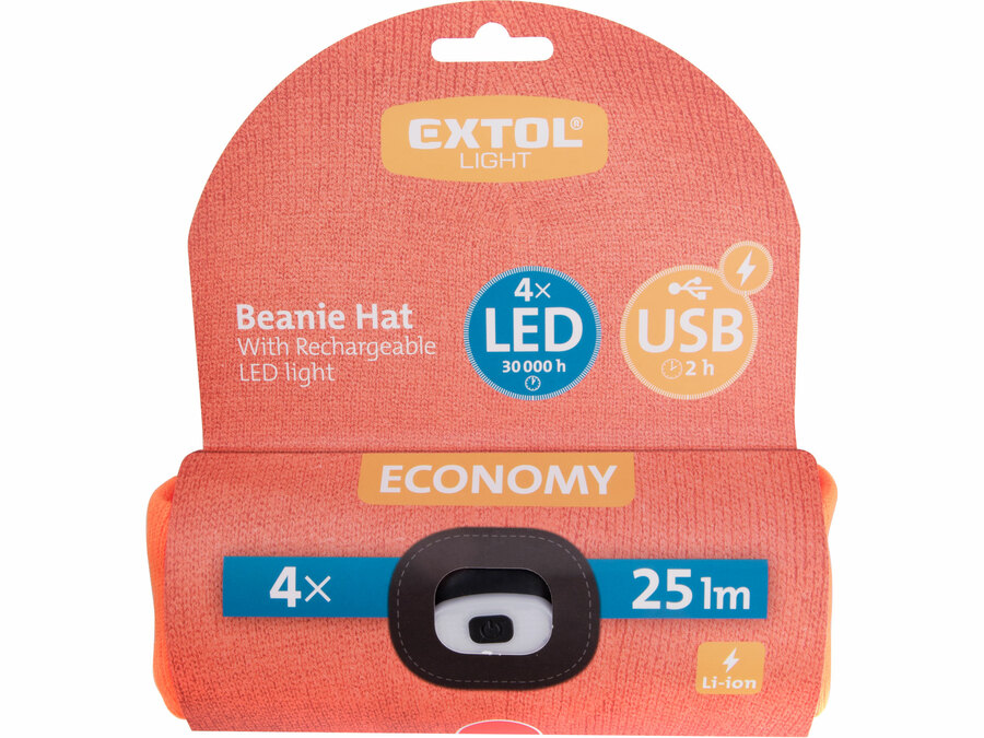 Sapka, neon-narancs, kötött, kivehető LED homloklámpával, 4×25 Lumen; USB tölthető Li-ion akku, 3funkció