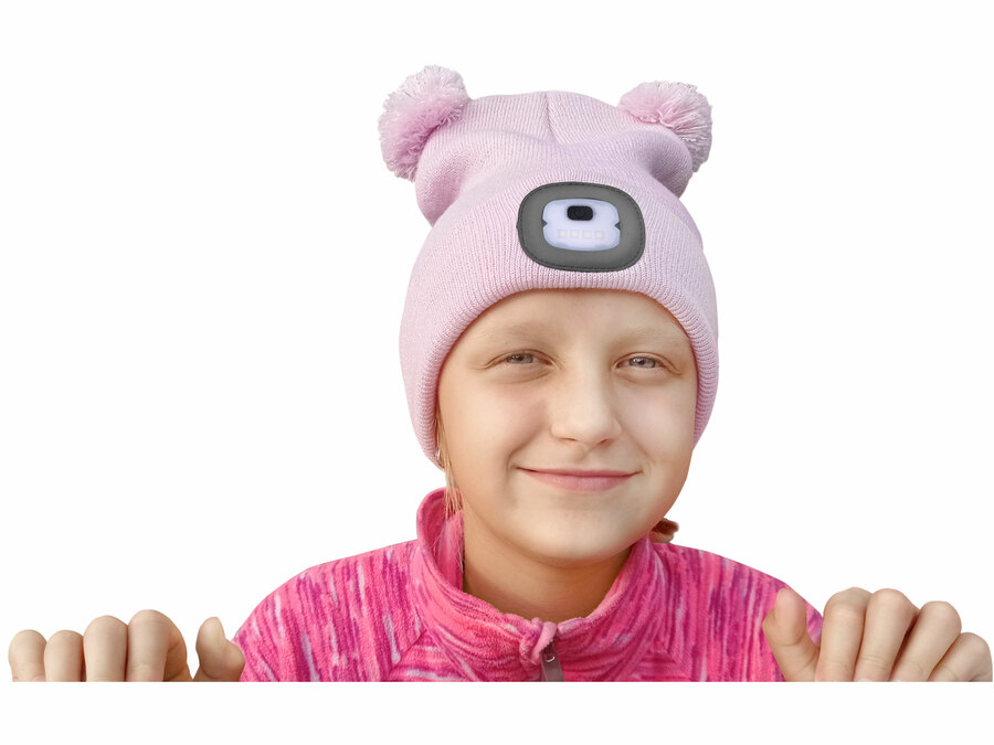 Sapka, gyerek, rózsaszín, kötött, kivehető LED homloklámpával