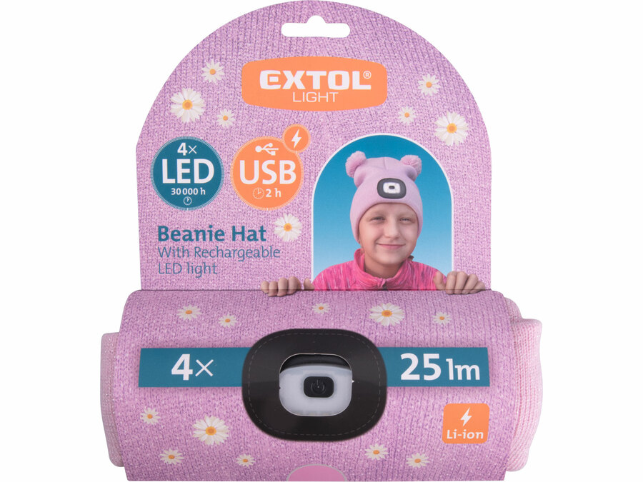 Sapka, gyerek, rózsaszín, kötött, kivehető LED homloklámpával
