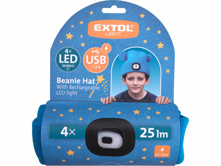 Sapka, gyerek, kék, kötött, kivehető LED homloklámpával