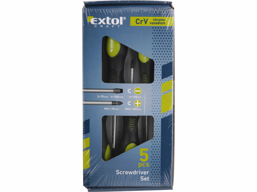 Csavarhúzó, 5db-os készlet, (-) 3x75mm, (-) 4x100, (-) 6x125mm, PH 1x75mm, PH 2x100mm, CrV
