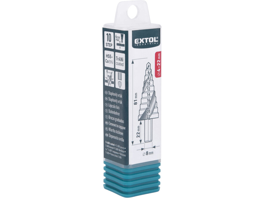 Lépcsős fémfúró HSS-Co, spirál, 10 lépcsős (4-22 mm, 2 mm lépcsők), befogás: 8 mm