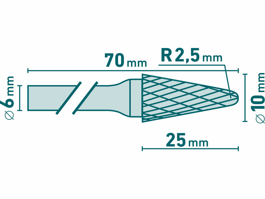 Keményfém turbómaró (rotormaró), kúpos, kerek orrú, átmérő 10×25mm/szár 6mm, keresztfogazás