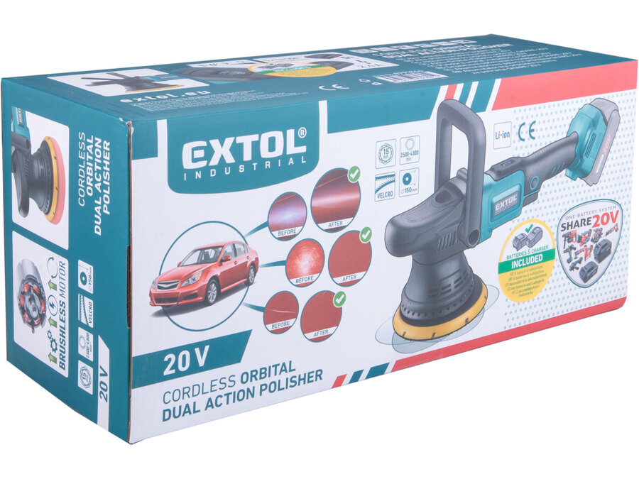 Akkus excenteres polírozógép, Share20V, 20V, Li-ion, szénkefe nélküli motor, 1db akku, 1db töltő, 2000 mAh, 150 mm