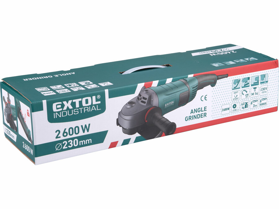 Sarokcsiszológép 230 mm 2600W, szabályozható fordulatszám, lágy indítás, terhelésnél konstans fordulatszám, papírdoboz