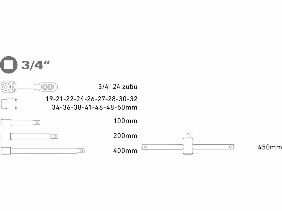 Dugókulcsok, 22db-os készlet, 3/4“