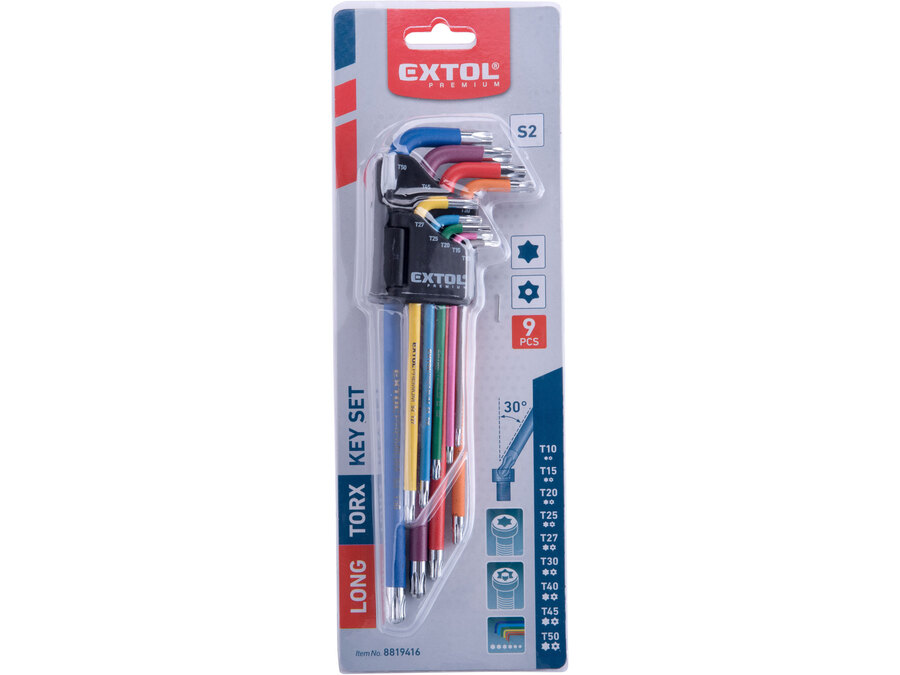 Torx kulcs klt., 9db, több színű, extra hosszú, T10-T50, hosszú szár: tömör/gömbfej, rövid szár: lyukas, S2, krómozott