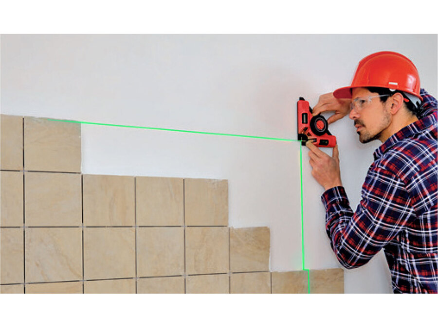 Lézeres vízszintező, (csempelézer, derékszöglézer) ZÖLD, 2H (2 horizontális), akkus, vákuumos talppal