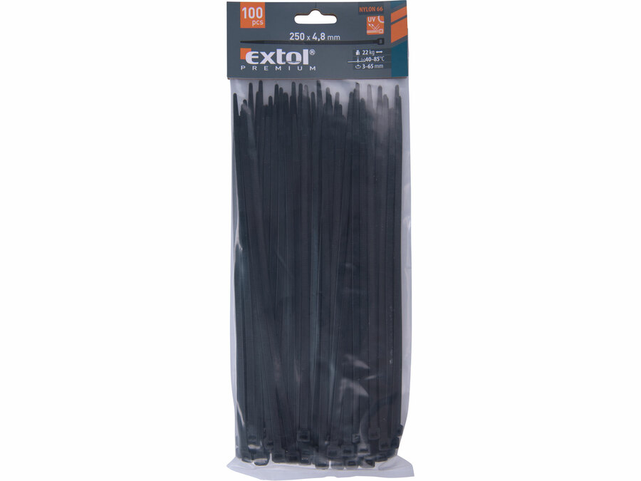 Kábelkötegelő fekete, 250x4,8mm, 100db, nylon