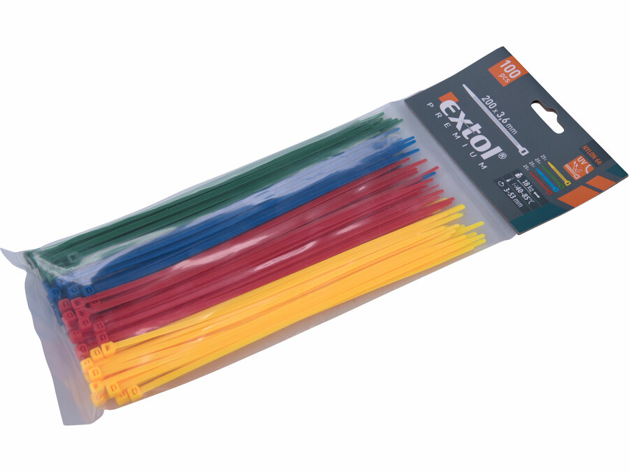 Kábelkötegelő színes, 200x3,6mm, 100db, (4x25db), 4 szín, nylon