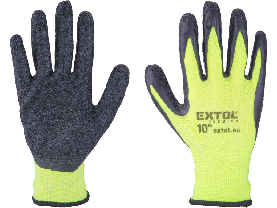 Kötött kesztyű nylon, varrat nélküli, méret  10` latexbe mártott teny. és ujjhegy, gumírozott mandzsetta