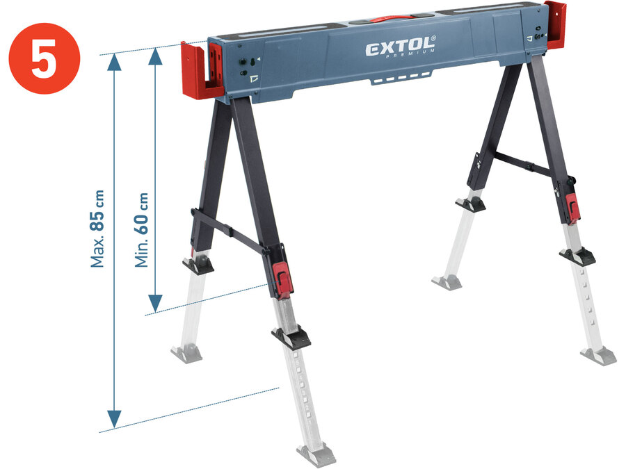 Asztalosbak/fűrészbak állítható, összecsukható; 600 - 850 mm, max. terhelés: 550 kg, saját tömeg: 7,9 kg