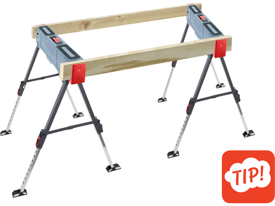 Asztalosbak/fűrészbak állítható, összecsukható; 600 - 850 mm, max. terhelés: 550 kg, saját tömeg: 7,9 kg