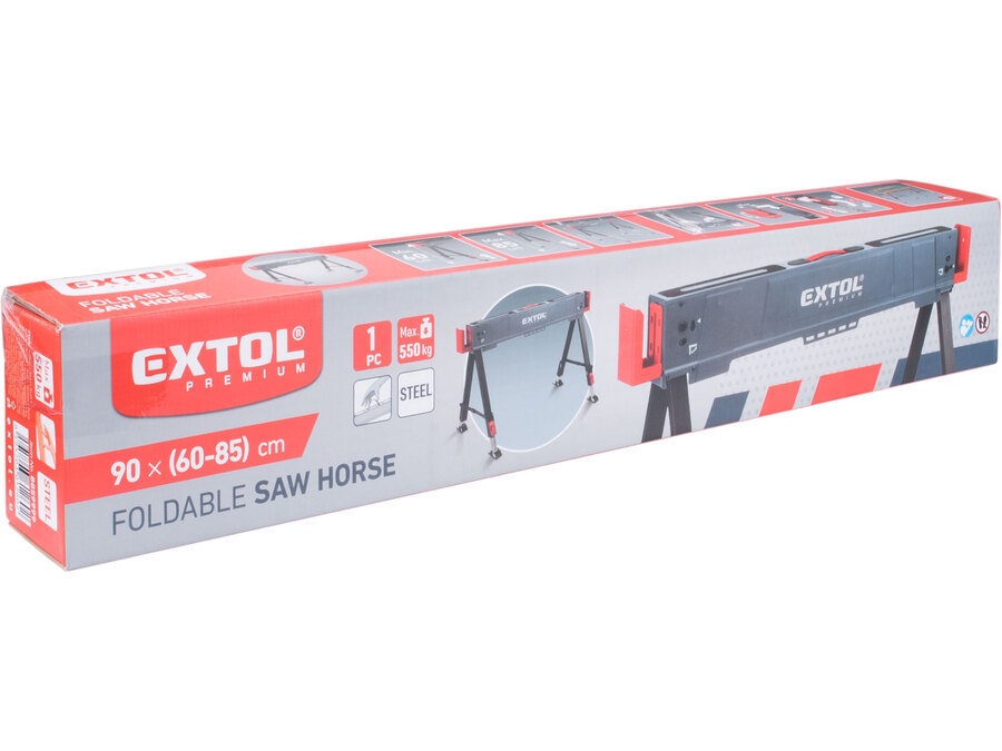 Asztalosbak/fűrészbak állítható, összecsukható; 600 - 850 mm, max. terhelés: 550 kg, saját tömeg: 7,9 kg