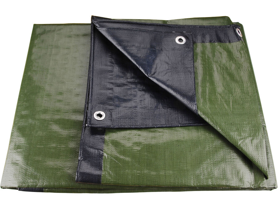 Takaróponyva, vízálló, de nem UV álló; 200g/nm, 8×12m névleges méret, valós méret: 7,85×11,80m, PE, lefűző lyukakkal