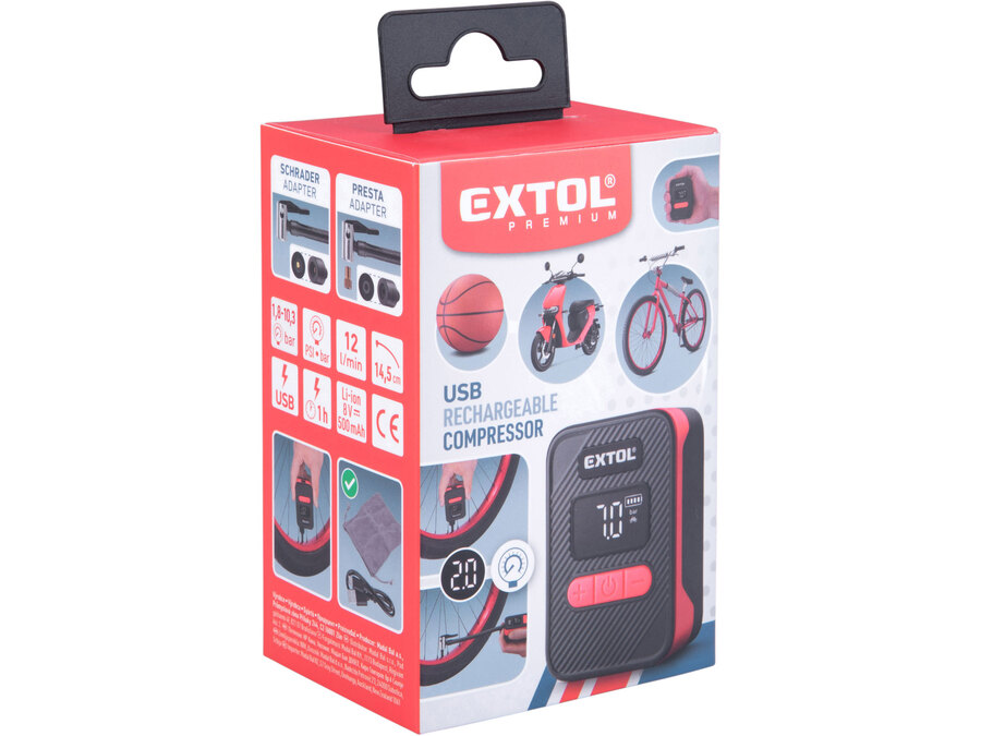 Akkus légkompresszor 8V, 500 mAh Li-ion akku, max. 10,3 Bar