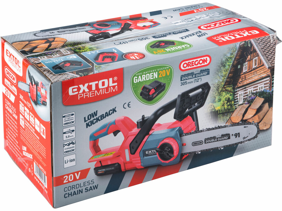 Akkus láncfűrész gép, Garden20V, 20V, Li-ion, 1db akku, 1db töltő, 2000 mAh, vezetőhossz 305mm, Oregon lánc és vezető