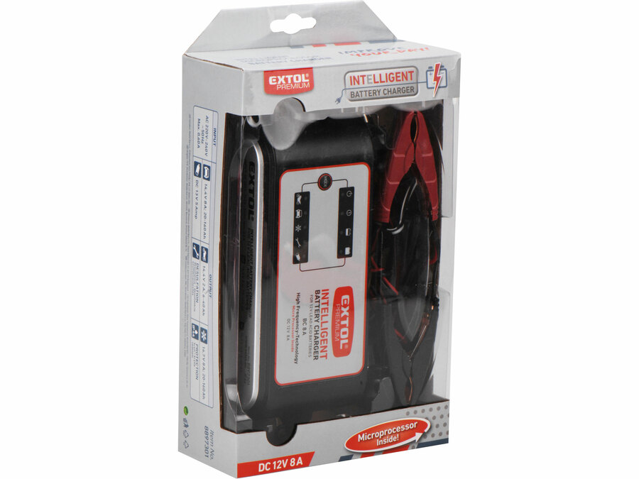 Akkutöltő, autós, mikroprocesszoros, intelligens, 8 Amp, 4-160Ah, DC 12V