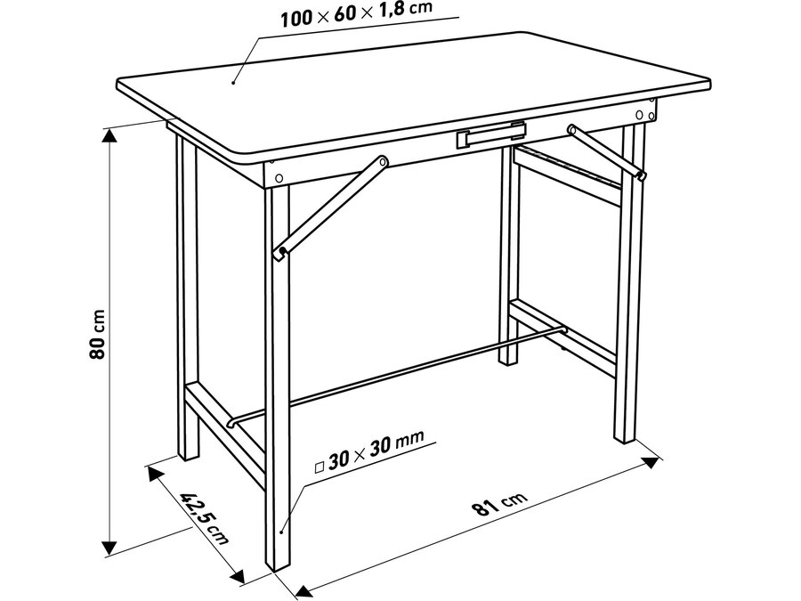 Munkapad összecsukható; 800 mm, max. terhelés: 100kg, fém váz, MDF asztallap